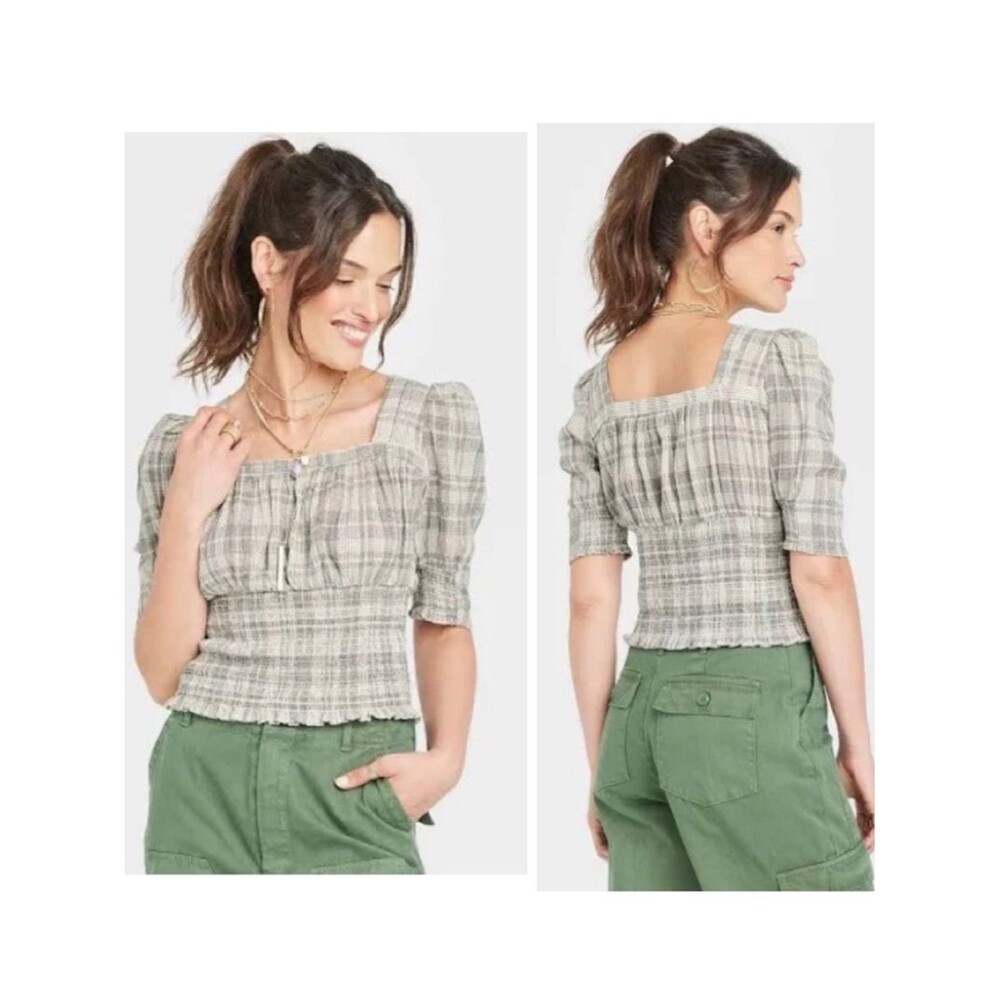 Universal Thread Cotton Square Neck Smocked Puff Sleeve Top Size Medium Gingham